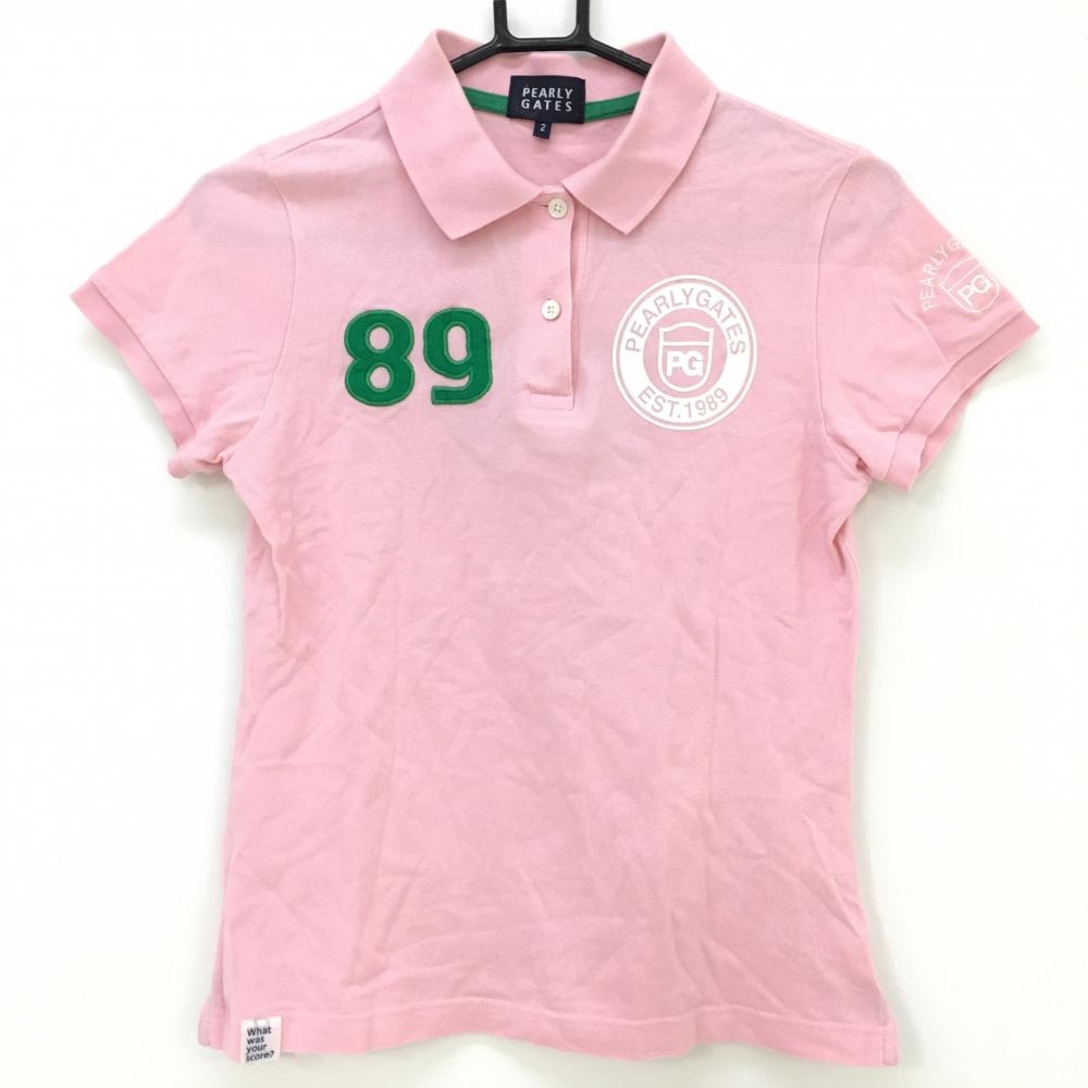 パーリーゲイツ 半袖ポロシャツ ピンク×グリーン ナンバリング  レディース 2(L) ゴルフウェア PEARLY GATES