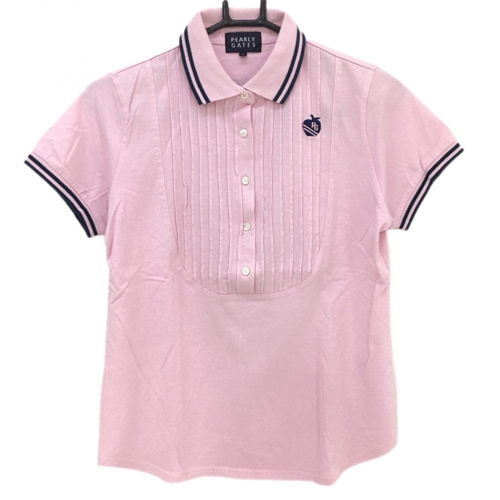 パーリーゲイツ 半袖ポロシャツ ピンク×ネイビー 襟袖ボーダー アップル レディース 1(M) ゴルフウェア PEARLY GATES