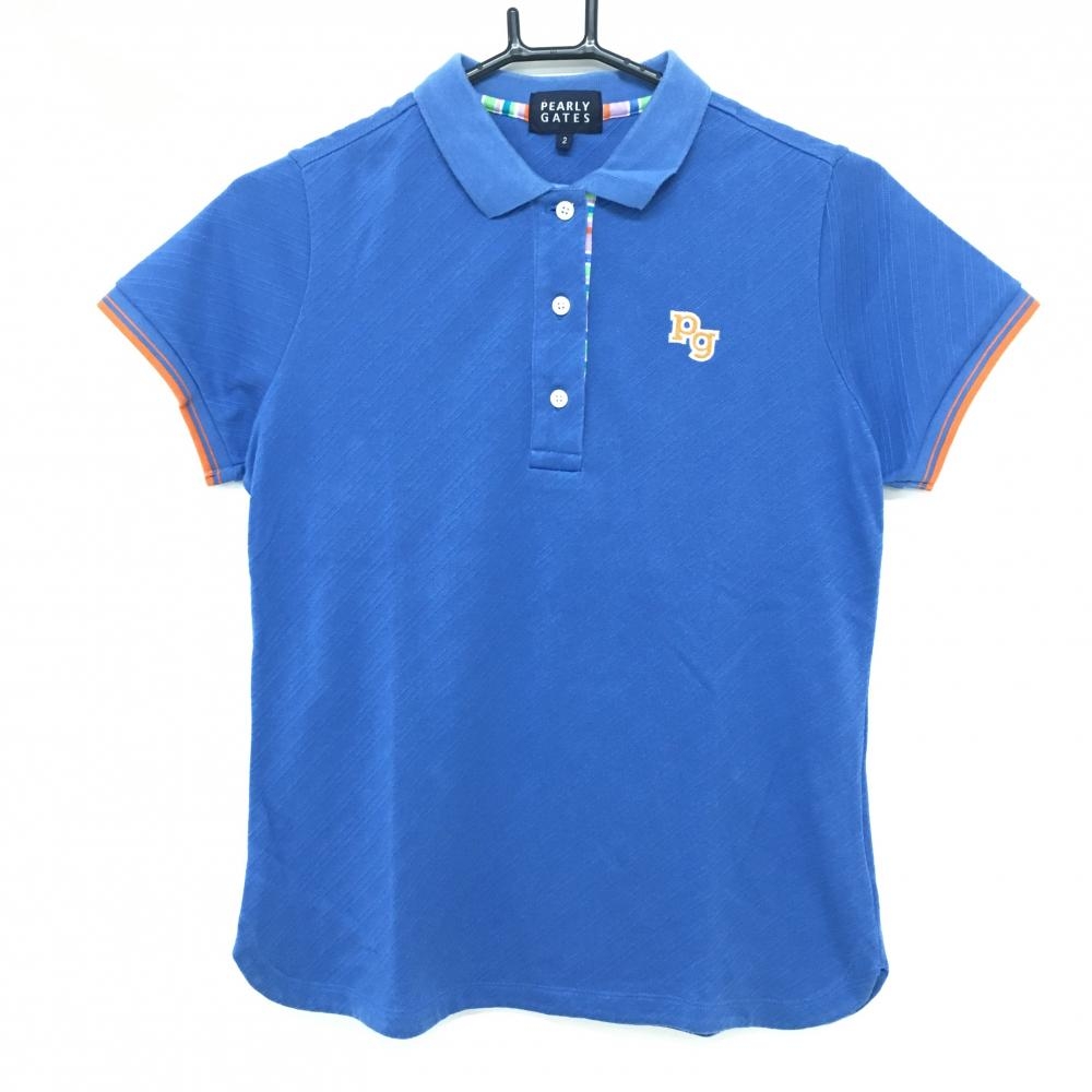 パーリーゲイツ 半袖ポロシャツ ブルー 斜め織生地  レディース 2(L) ゴルフウェア PEARLY GATES