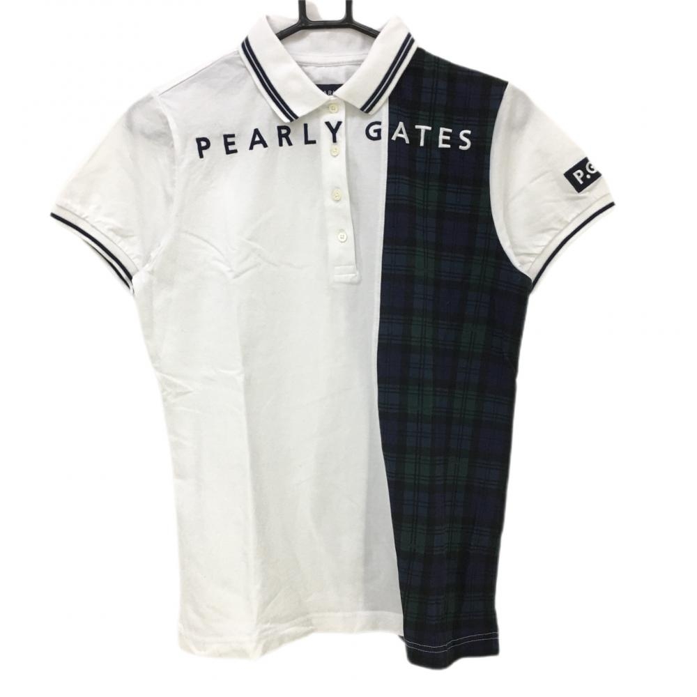 【超美品】パーリーゲイツ 半袖ポロシャツ 白×ネイビー 一部チェック レディース 2(L) ゴルフウェア 2023年モデル PEARLY GATES