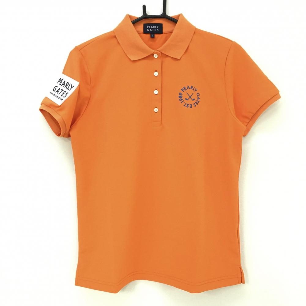 【超美品】パーリーゲイツ 半袖ポロシャツ オレンジ バックビッグロゴ白 レディース 2(L) ゴルフウェア 2023年モデル PEARLY GATES