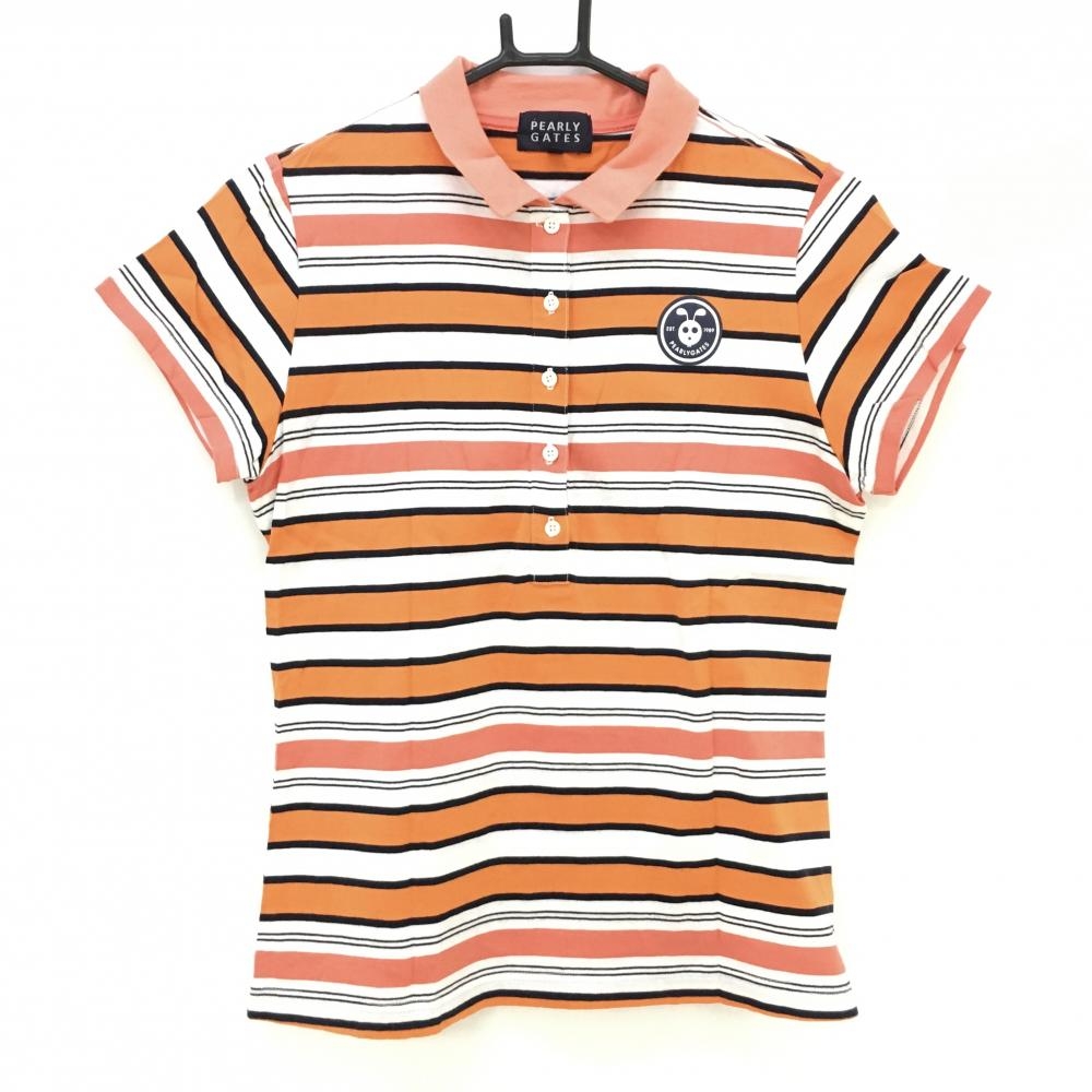 【超美品】パーリーゲイツ 半袖ポロシャツ オレンジ×白 ボーダー レディース 1(M) ゴルフウェア PEARLY GATES