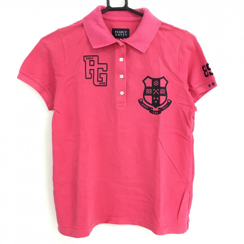 パーリーゲイツ 半袖ポロシャツ ピンク×ネイビー ロゴプリント コットン100％ レディース 1(M) ゴルフウェア PEARLY GATES