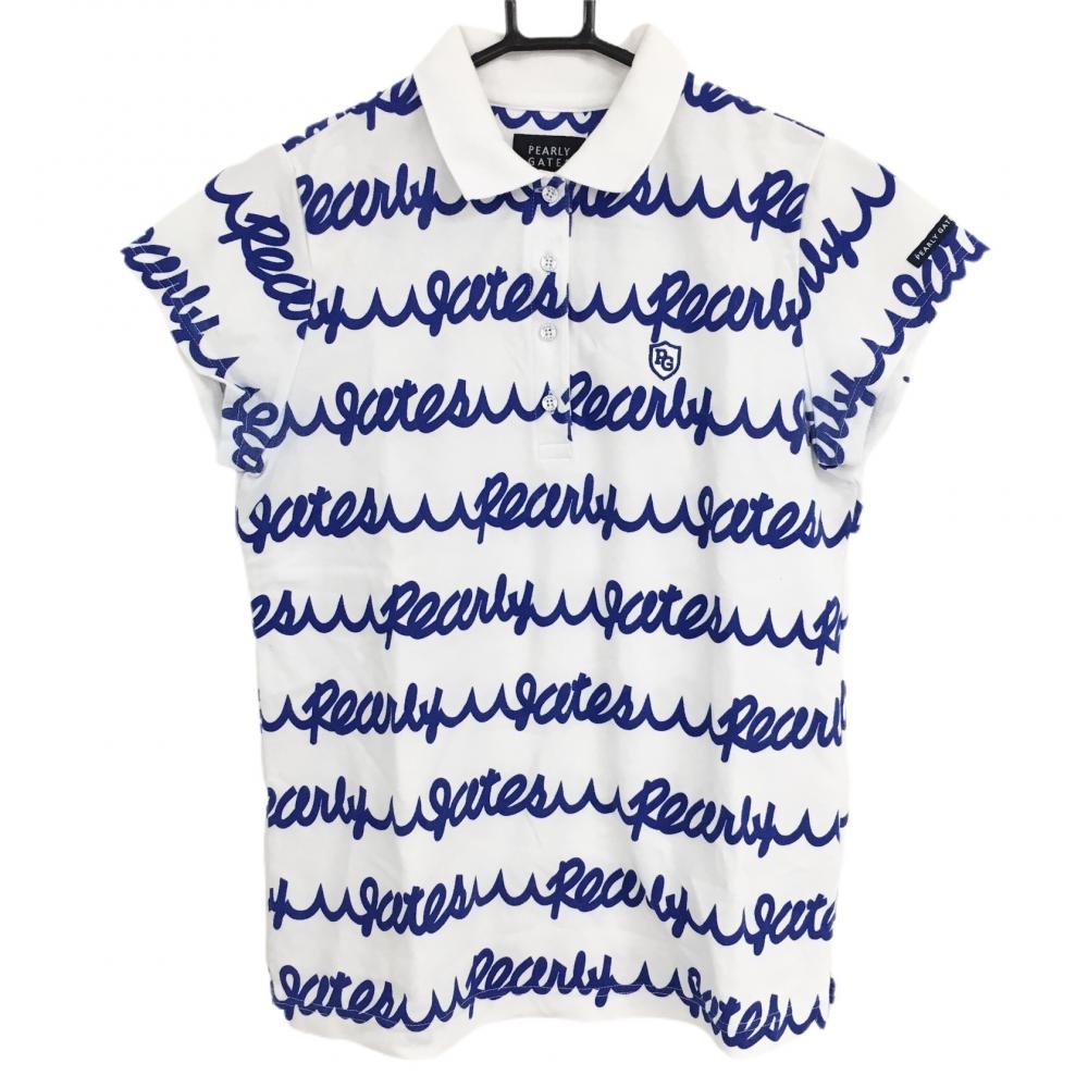 パーリーゲイツ 半袖ポロシャツ 白×ブルー ロゴ総柄 襟汚れ、袖下色移り レディース  ゴルフウェア PEARLY GATES