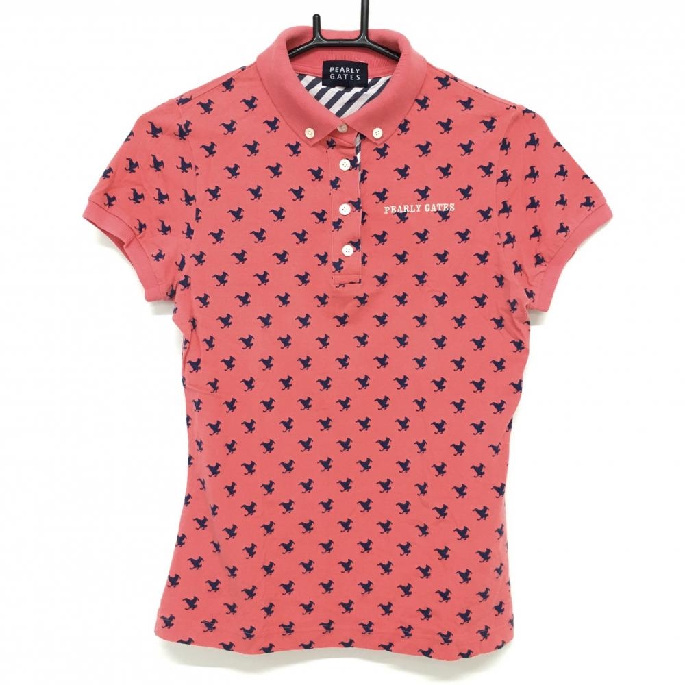 パーリーゲイツ 半袖ポロシャツ ピンク×ネイビー 鳥総柄  レディース 0(S) ゴルフウェア PEARLY GATES
