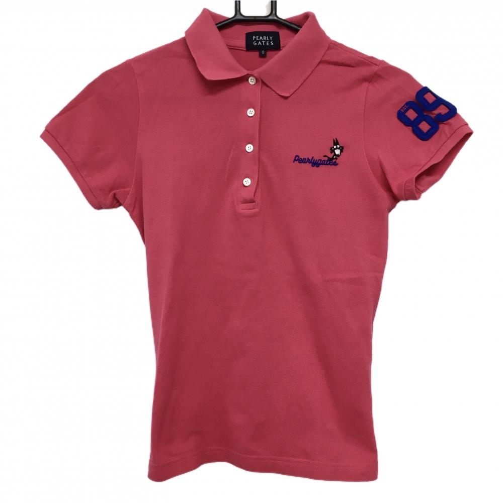 【美品】パーリーゲイツ 半袖ポロシャツ ピンク×ブルー ニャロメ コットン100％ レディース 0(S) ゴルフウェア PEARLY GATES