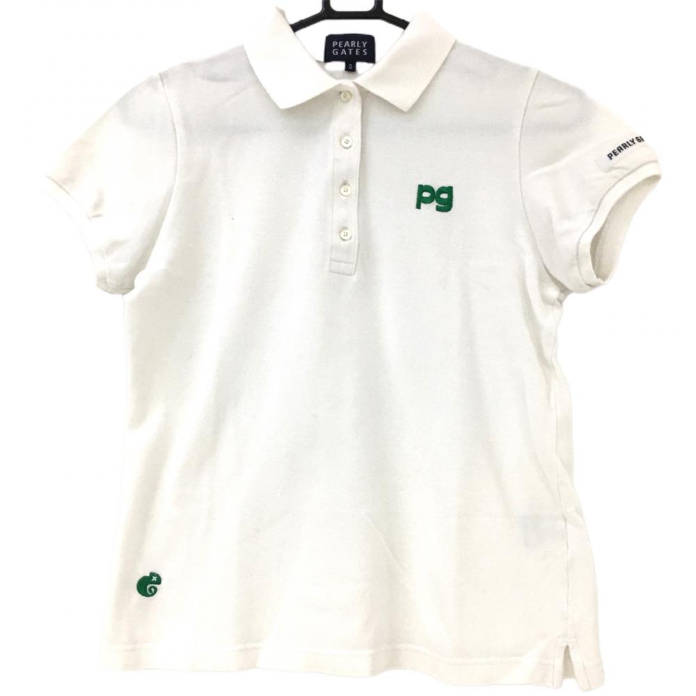 パーリーゲイツ 半袖ポロシャツ 白×グリーン カメレオン刺しゅう 日本製 コットン100％  レディース 0 ゴルフウェア PEARLY GATES