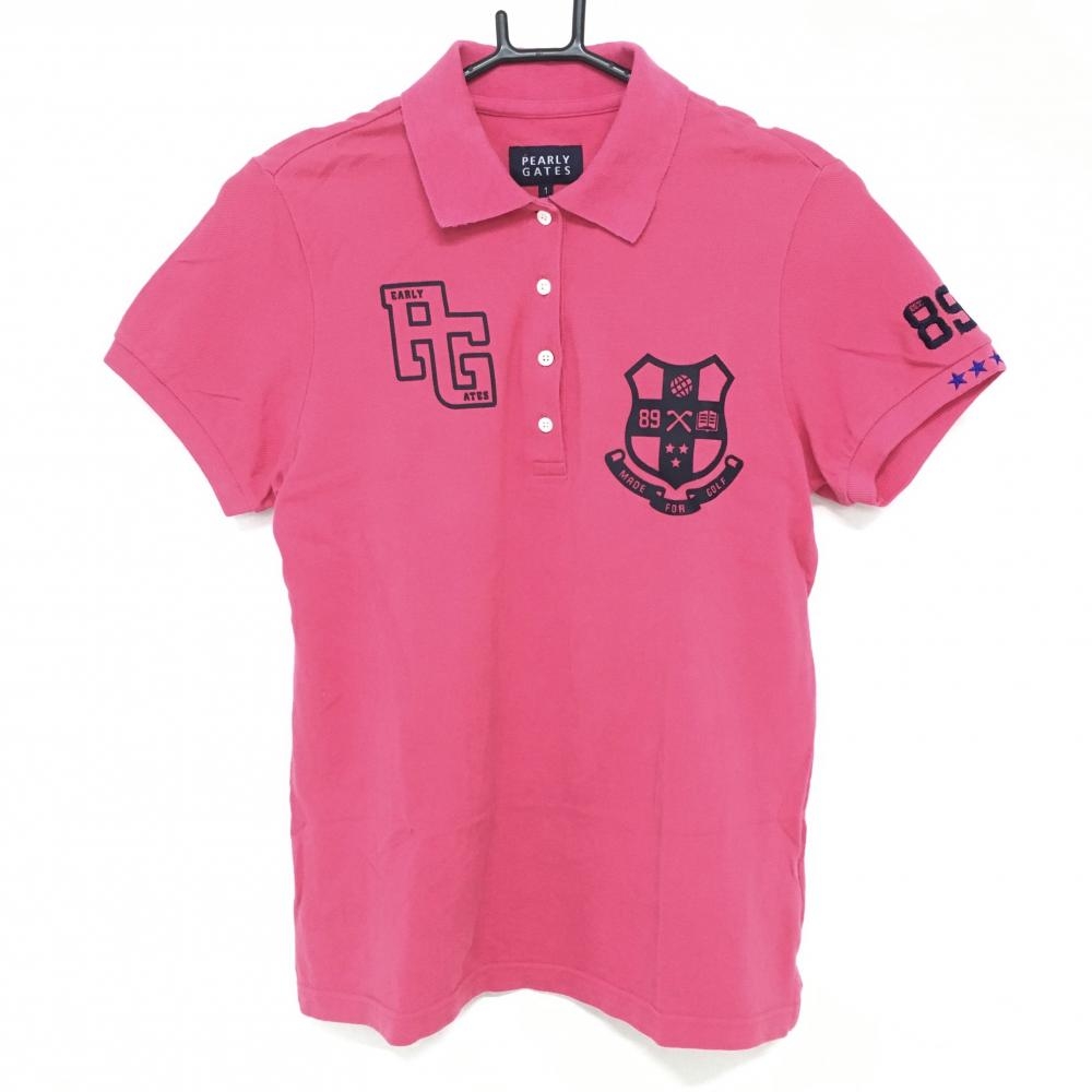 【美品】パーリーゲイツ 半袖ポロシャツ ピンク×黒 襟裏ボーダー×ロゴ コットン100％ 日本製 レディース 1(M) ゴルフウェア PEARLY GATES