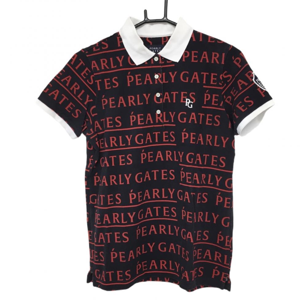 パーリーゲイツ 半袖ポロシャツ ネイビー×レッド ロゴ総柄 コットン100％ レディース 2(L) ゴルフウェア 2022年モデル PEARLY GATES