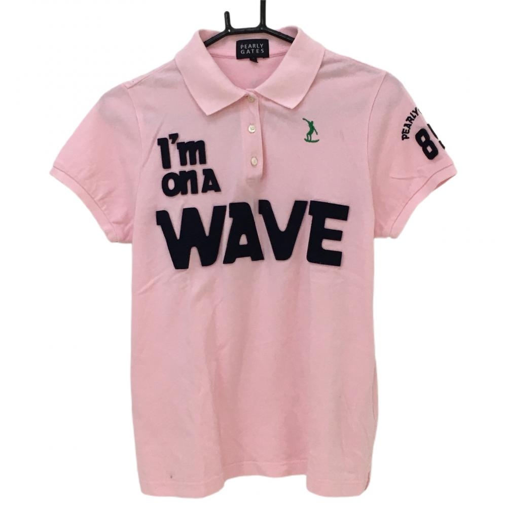 パーリーゲイツ 半袖ポロシャツ ピンク×ネイビー フェルトワッペン レディース 2(L) ゴルフウェア PEARLY GATES