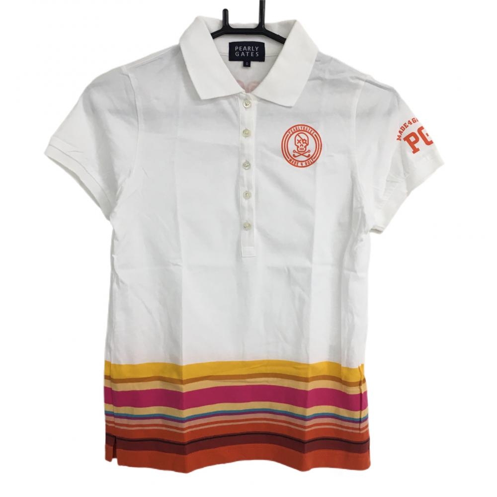 パーリーゲイツ 半袖ポロシャツ 白×オレンジ 裾ライン レディース 0(S) ゴルフウェア PEARLY GATES