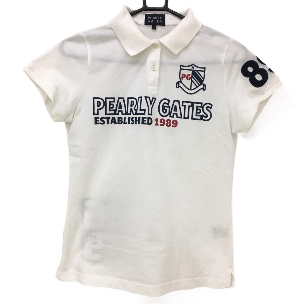 パーリーゲイツ 半袖ポロシャツ 白×ネイビー 襟裏カート柄 日本製  レディース 1(M) ゴルフウェア PEARLY GATES