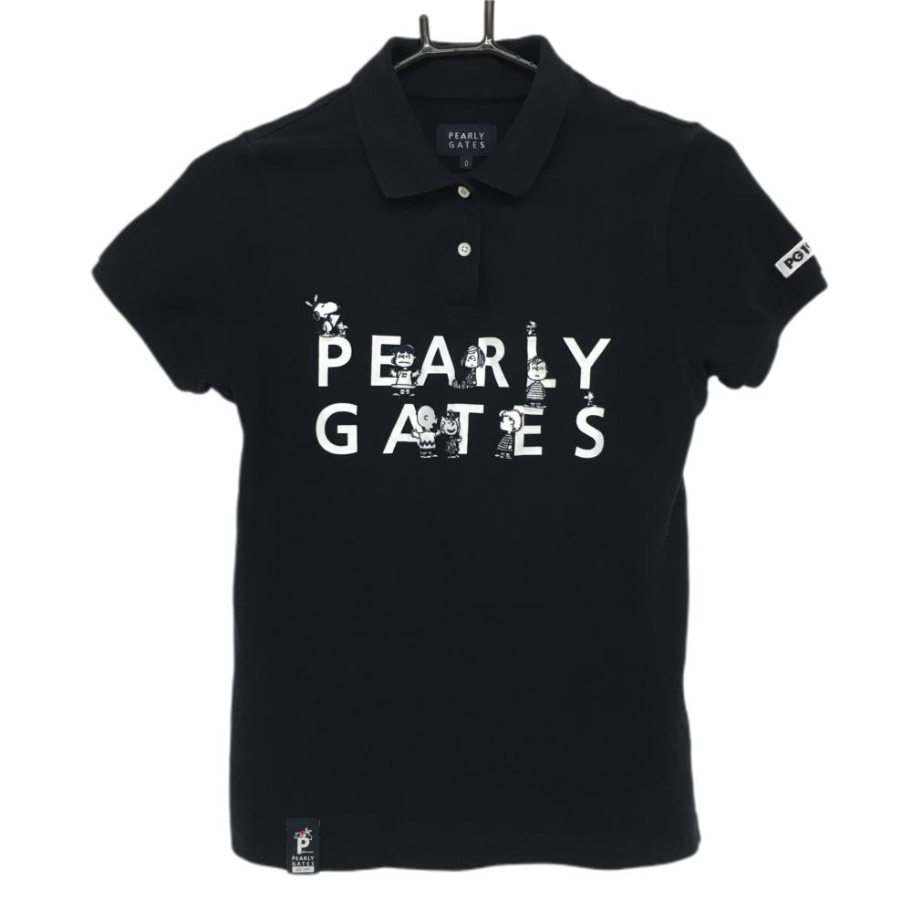 【美品】パーリーゲイツ×PEANUTS 半袖ポロシャツ ネイビー×白 スヌーピー  レディース 0(S) ゴルフウェア PEARLY GATES