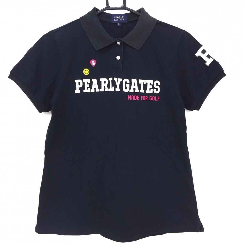 パーリーゲイツ 半袖ポロシャツ 黒×白 ニコちゃん スマイル 日本製  レディース 2(L) ゴルフウェア PEARLY GATES