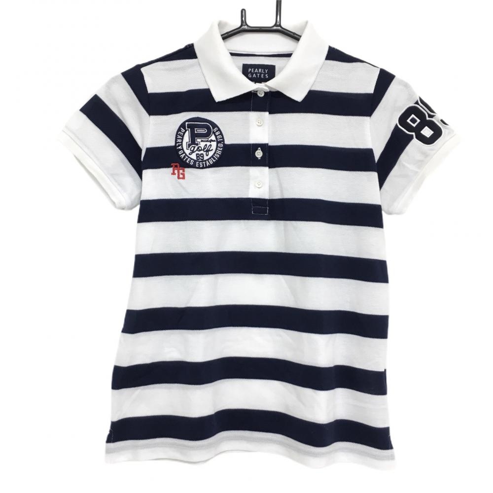 パーリーゲイツ 半袖ポロシャツ 白×ネイビー ボーダー 日本製  レディース 0(S) ゴルフウェア PEARLY GATES