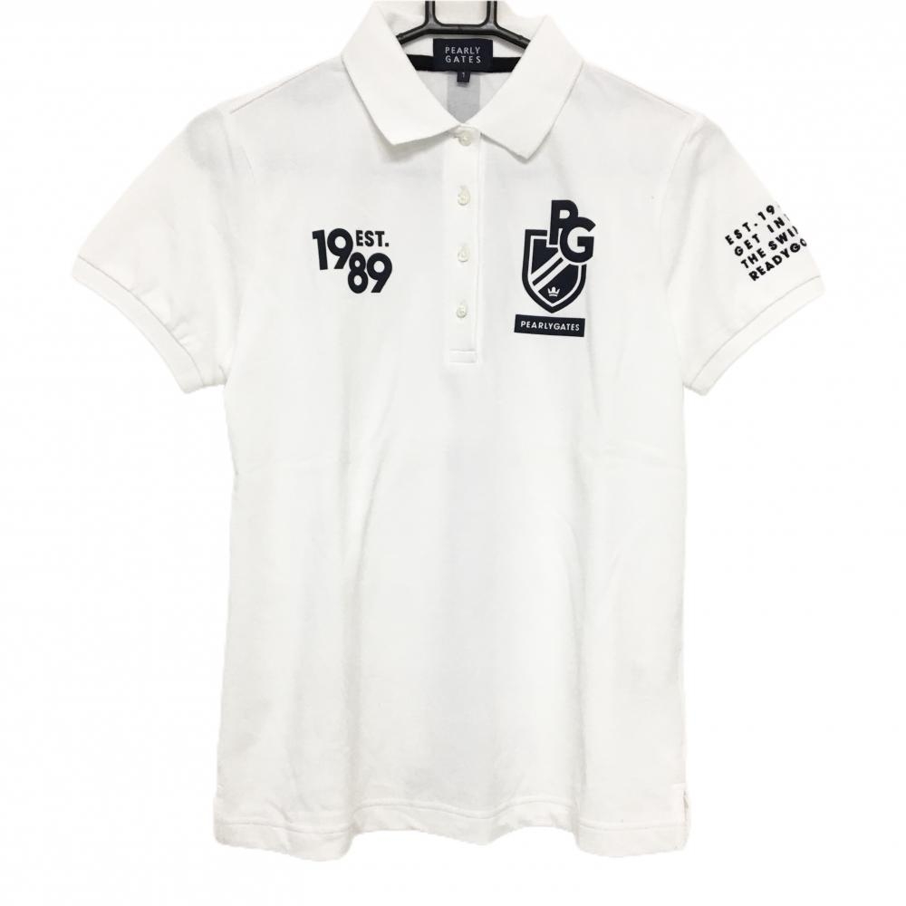 【超美品】パーリーゲイツ 半袖ポロシャツ 白×ネイビー バックロゴプリント 日本製 レディース 1(M) ゴルフウェア PEARLY GATES