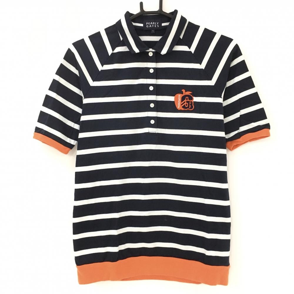 【美品】パーリーゲイツ 半袖ポロシャツ ダークネイビー×白 ボーダー コットン100％ レディース 1(M) ゴルフウェア PEARLY GATES