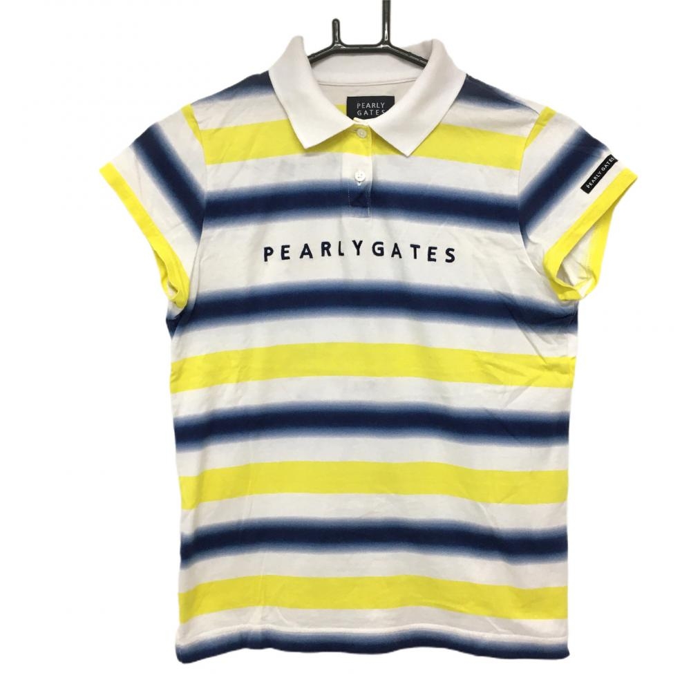 パーリーゲイツ 半袖ポロシャツ 白×イエロー×ネイビー ボーダー コットン100％ レディース 0(S) ゴルフウェア PEARLY GATES