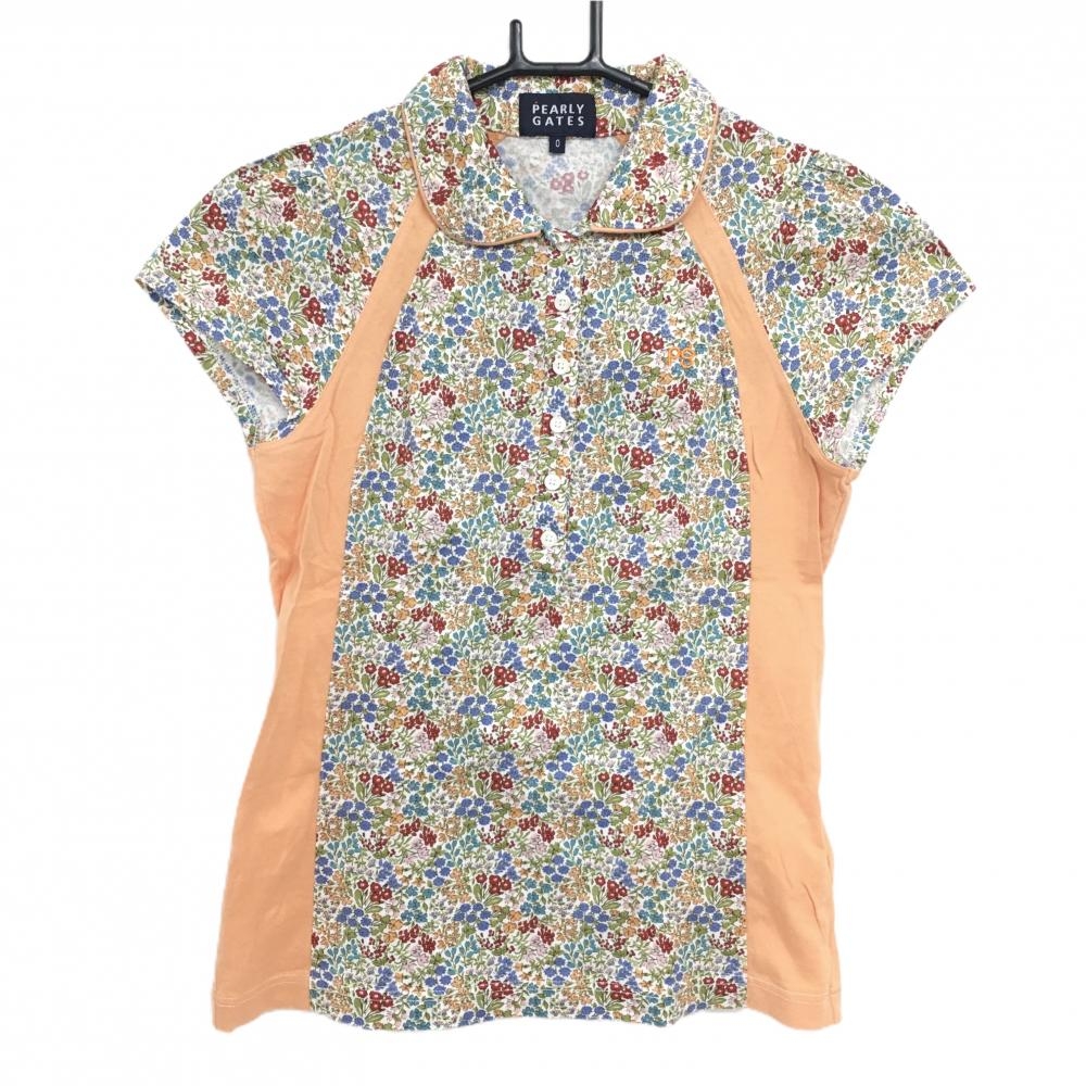 パーリーゲイツ 半袖ポロシャツ レッド×オレンジ 花柄 フレンチスリーブ レディース 0(S) ゴルフウェア PEARLY GATES
