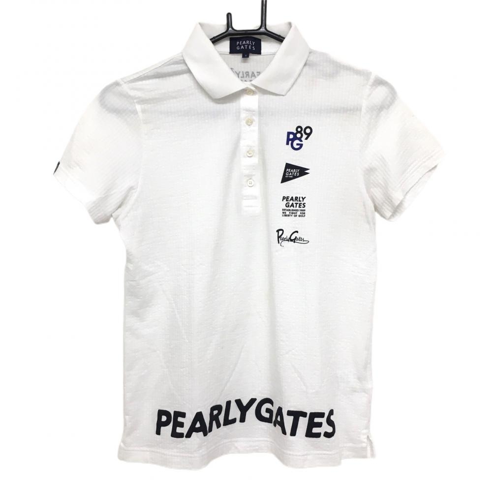 パーリーゲイツ 半袖ポロシャツ 白×黒 サッカー生地調 裾ロゴ  レディース 1(M) ゴルフウェア 2023年モデル PEARLY GATES