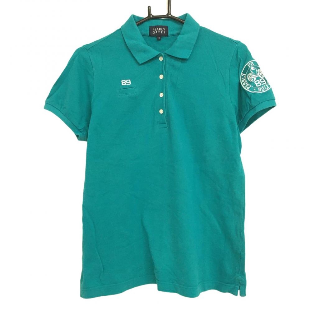 パーリーゲイツ 半袖ポロシャツ ブルーグリーン×白 胸ミニポケット付 レディース 2(L) ゴルフウェア PEARLY GATES