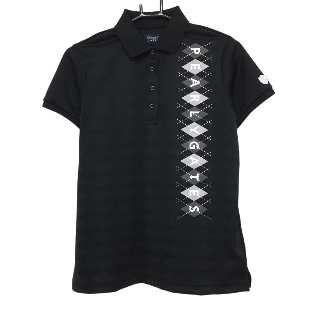【美品】パーリーゲイツ 半袖ポロシャツ 黒×グレー アーガイル柄織生地  レディース 1(M) ゴルフウェア 2023年モデル PEARLY GATES