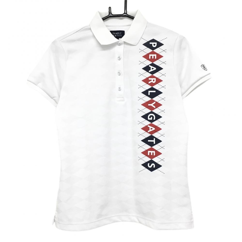 【超美品】パーリーゲイツ 半袖ポロシャツ 白×レッド アーガイル柄織生地  レディース 1(M) ゴルフウェア 2023年モデル PEARLY GATES