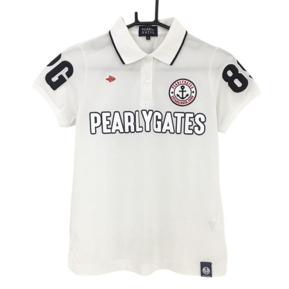 パーリーゲイツ 半袖ポロシャツ 白×ネイビー ビッグロゴ  レディース 0(S) ゴルフウェア PEARLY GATES