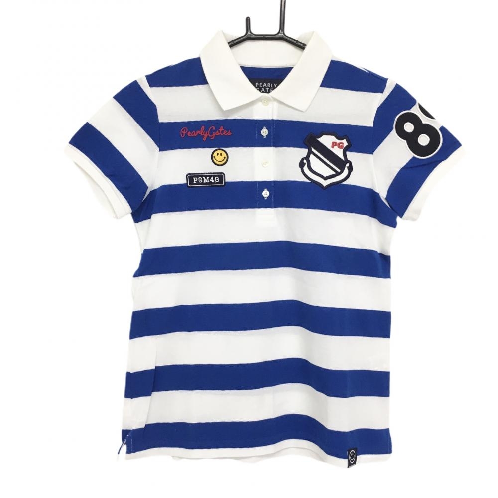 パーリーゲイツ 半袖ポロシャツ ブルー×白 ボーダー スマイル ニコちゃん レディース 0(S) ゴルフウェア PEARLY GATES