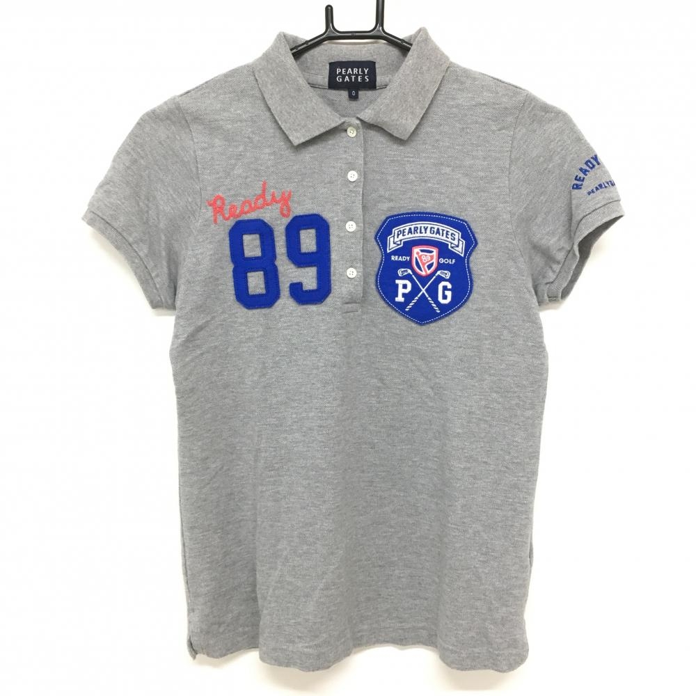 【美品】パーリーゲイツ 半袖ポロシャツ グレー×ブルー ビッグワッペン レディース 0(S) ゴルフウェア PEARLY GATES
