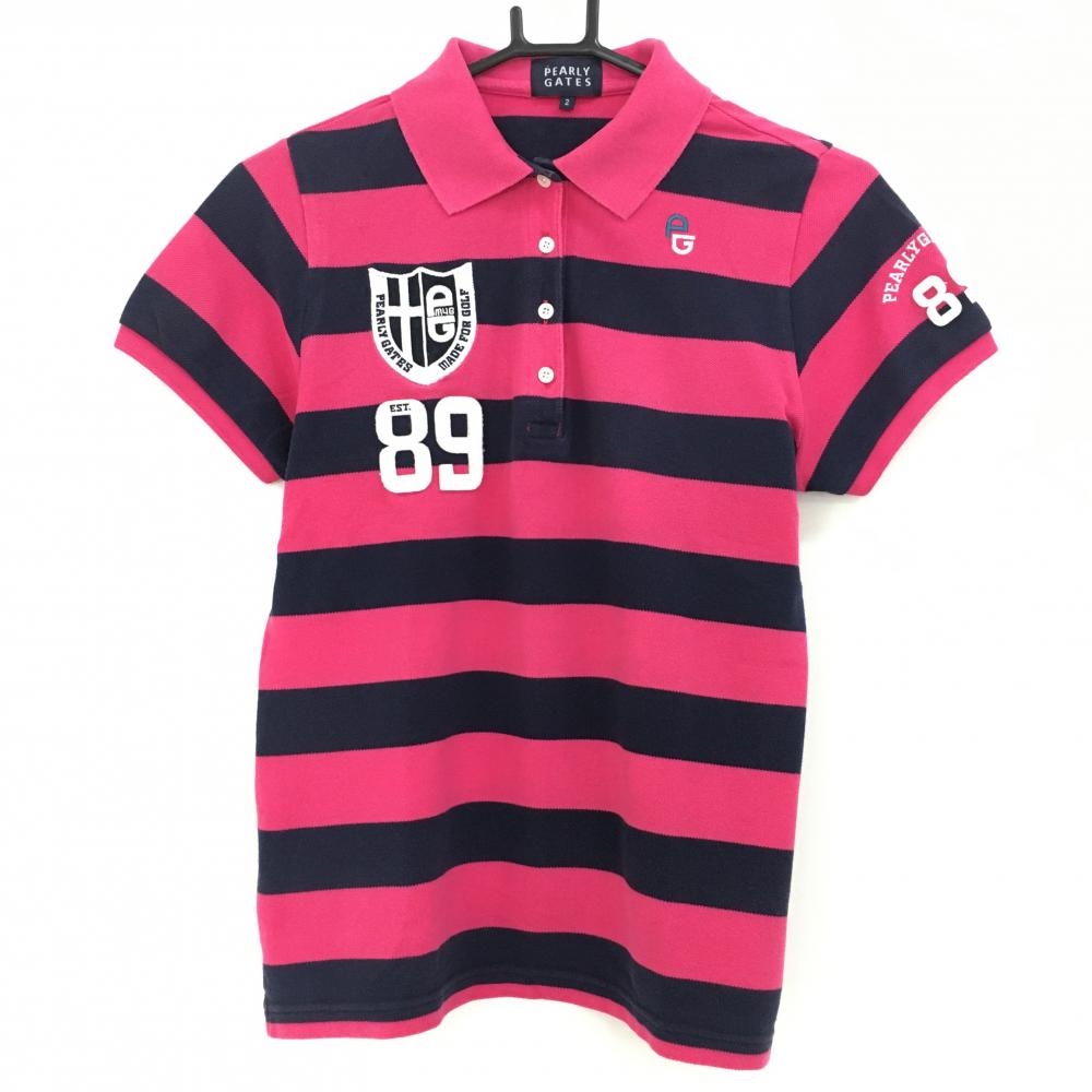 パーリーゲイツ 半袖ポロシャツ ピンク×ネイビー ボーダー ニコちゃん スマイル レディース 2(L) ゴルフウェア PEARLY GATES
