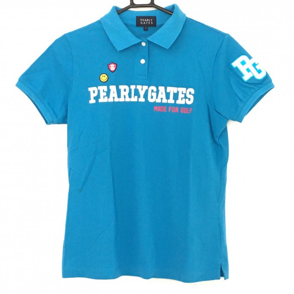 パーリーゲイツ 半袖ポロシャツ ライトブルー×白 ニコちゃん スマイル レディース 1(M) ゴルフウェア PEARLY GATES