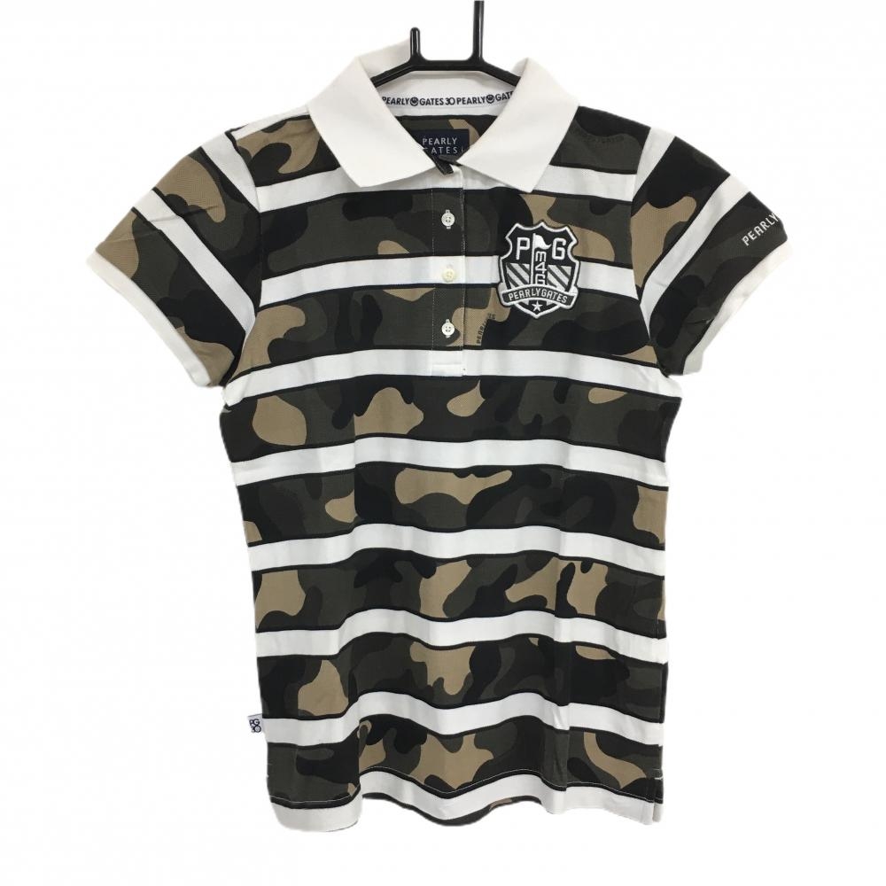 パーリーゲイツ 半袖ポロシャツ 白×ベージュ×カーキ ボーダー×カモフラ 30周年 迷彩  レディース 0(S) ゴルフウェア PEARLY GATES