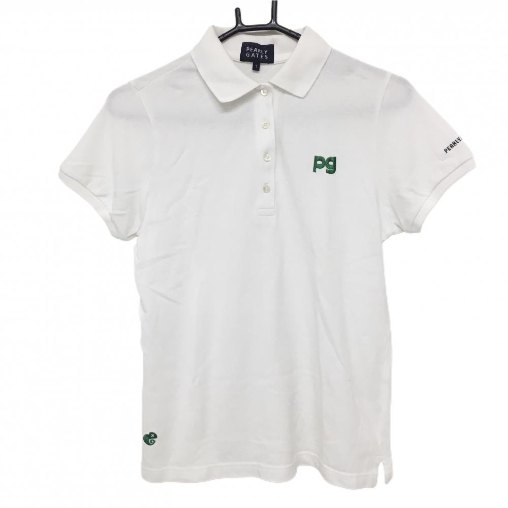 【美品】パーリーゲイツ 半袖ポロシャツ 白×グリーン カメレオン刺しゅう コットン100％ レディース 1(M) ゴルフウェア PEARLY GATES