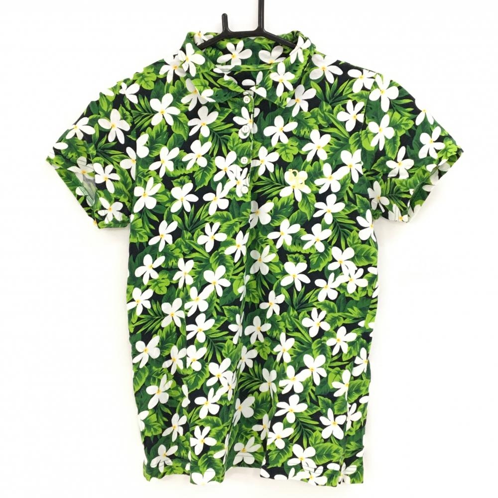 【美品】パーリーゲイツ 半袖ポロシャツ グリーン×白 花柄 レディース 0(S) ゴルフウェア PEARLY GATES