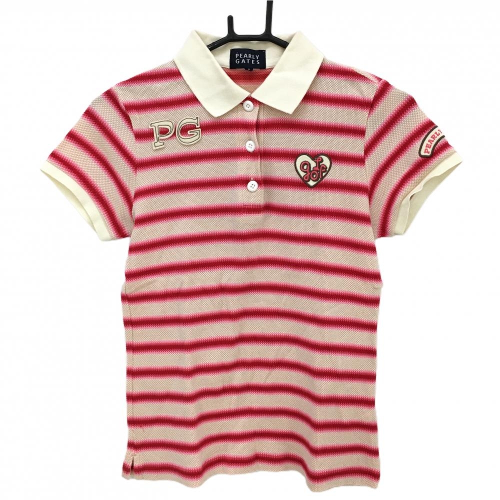 【美品】パーリーゲイツ 半袖ポロシャツ アイボリー×ピンク ボーダー 織生地  レディース 2(L) ゴルフウェア PEARLY GATES