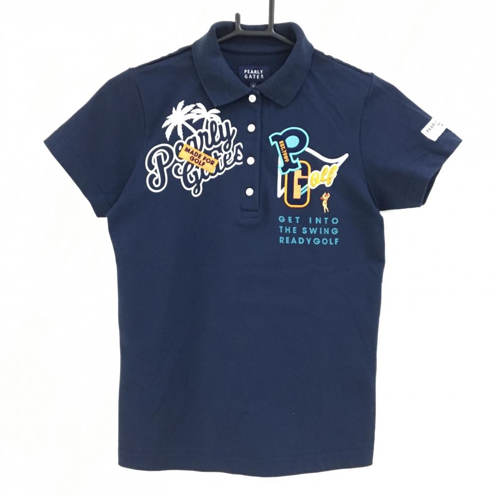パーリーゲイツ 半袖ポロシャツ ネイビー×オレンジ ヤシの木 女性  レディース 0(S) ゴルフウェア PEARLY GATES
