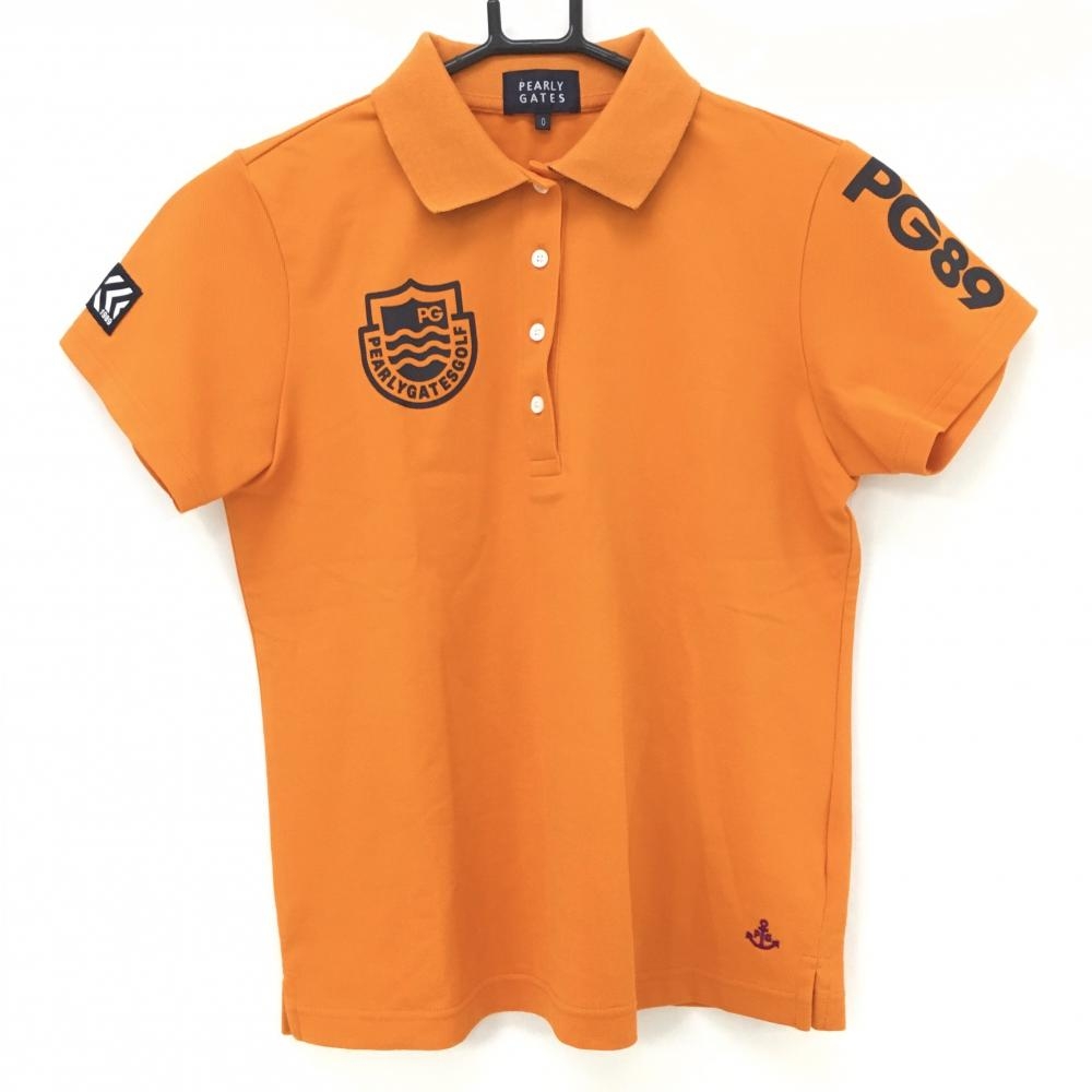 【超美品】パーリーゲイツ 半袖ポロシャツ オレンジ×ネイビー 襟裏英字 イカリ刺しゅう レディース 0(S) ゴルフウェア PEARLY GATES