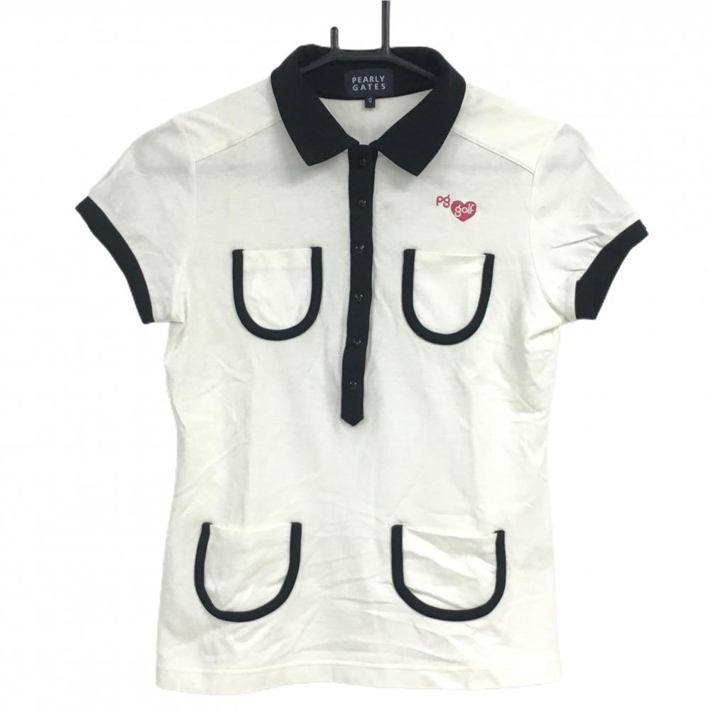 【美品】パーリーゲイツ 半袖ポロシャツ 白×黒 ストレッチ 4ポケット ストレッチ レディース 0(S) ゴルフウェア PEARLY GATES