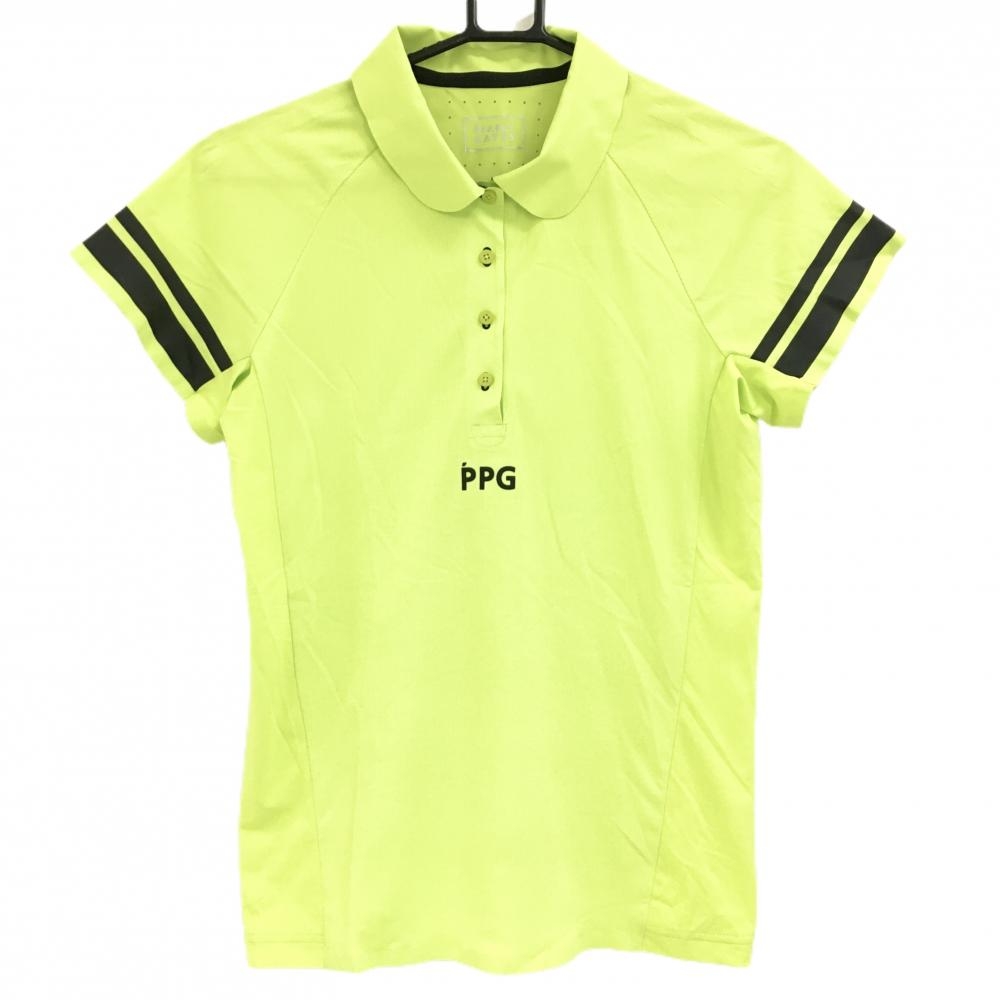 【超美品】パーリーゲイツ 半袖ポロシャツ 蛍光グリーン×黒 サイド切替 袖ライン レディース 0(S) ゴルフウェア PEARLY GATES
