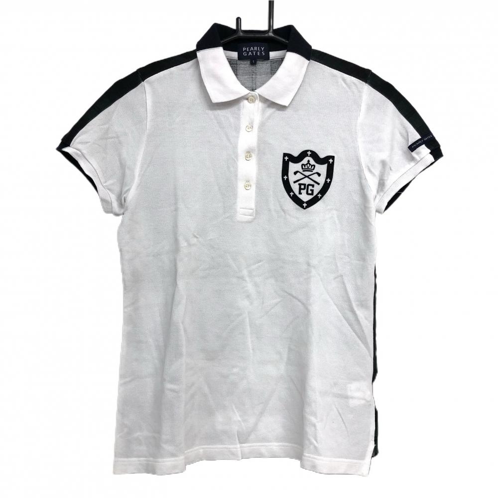【美品】パーリーゲイツ 半袖ポロシャツ 白×グリーン×黒 後ろチェック フロッキープリント レディース 1(M) ゴルフウェア PEARLY GATES
