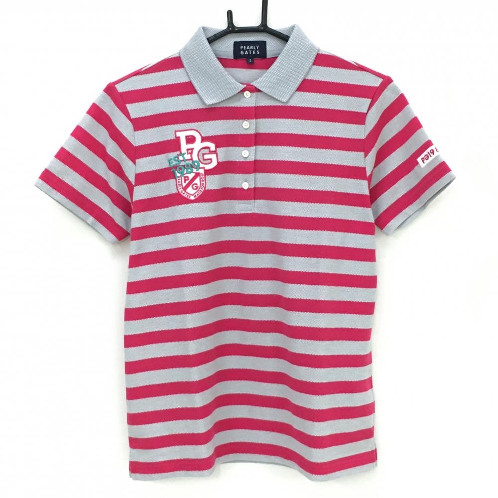 【超美品】パーリーゲイツ 半袖ポロシャツ グレー×ピンク ボーダー ワッペン レディース 2(L) ゴルフウェア PEARLY GATES