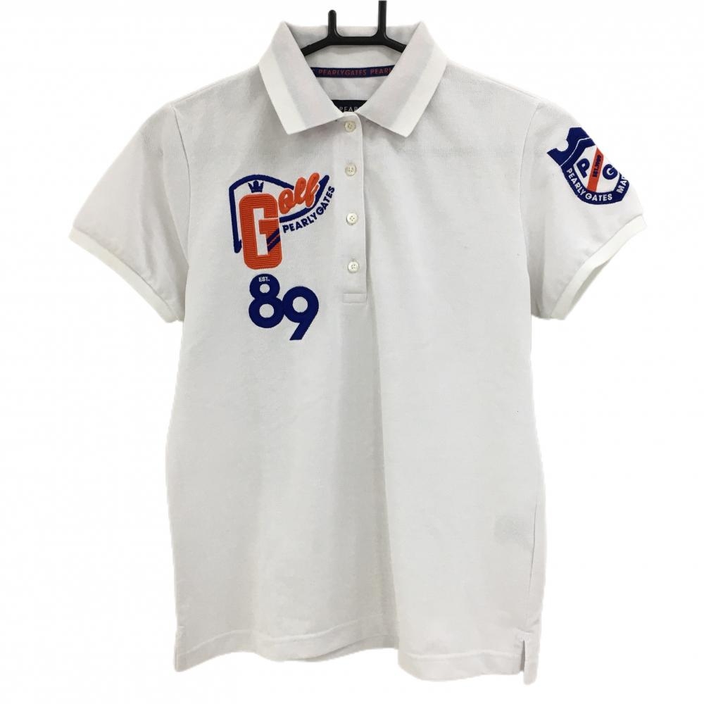 【美品】パーリーゲイツ 半袖ポロシャツ 白×ブルー 袖ロゴ刺しゅう レディース 1(M) ゴルフウェア PEARLY GATES