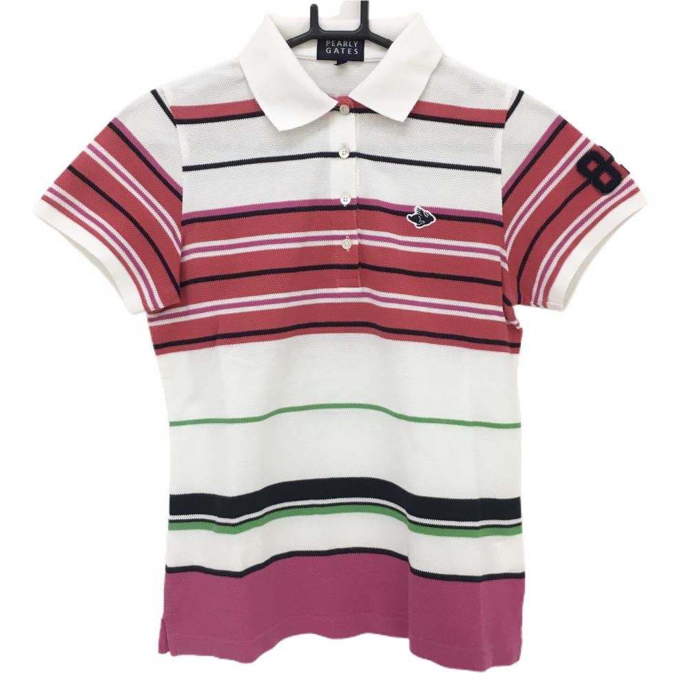 【美品】パーリーゲイツ 半袖ポロシャツ 白×レッド×黒 ボーダー調 レディース 1(M) ゴルフウェア PEARLY GATES