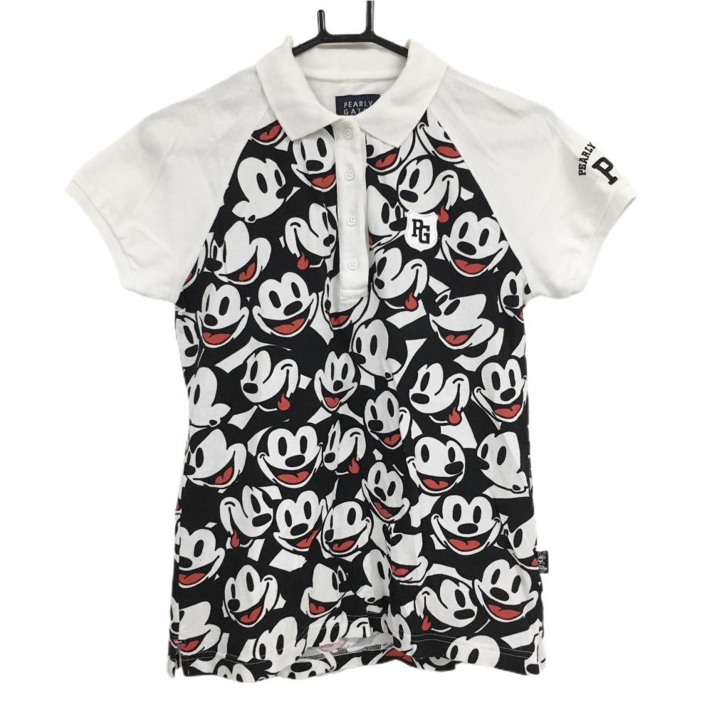 パーリーゲイツ×DISNEY 半袖ポロシャツ 白×黒 身頃オズワルド総柄 レディース 1(M) ゴルフウェア PEARLY GATES