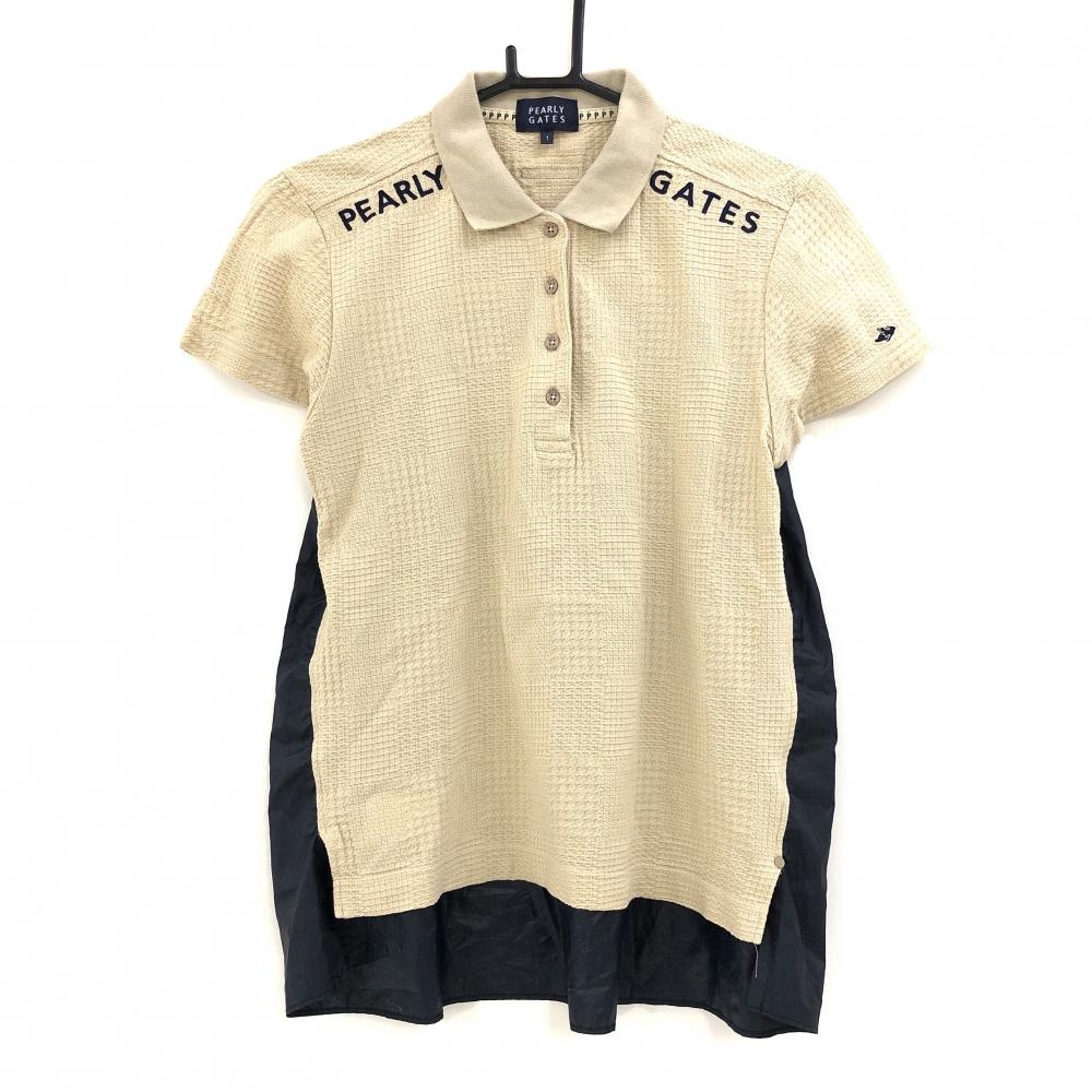 【美品】パーリーゲイツ 半袖ポロシャツ ベージュ×ネイビー 織生地 後ろ異素材 レディース 1(M) ゴルフウェア PEARLY GATES
