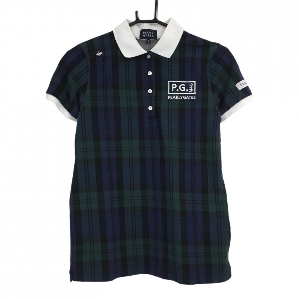 パーリーゲイツ 半袖ポロシャツ ネイビー×グリーン チェック 背面ビッグロゴ レディース 1(M) ゴルフウェア 2023年モデル PEARLY GATES