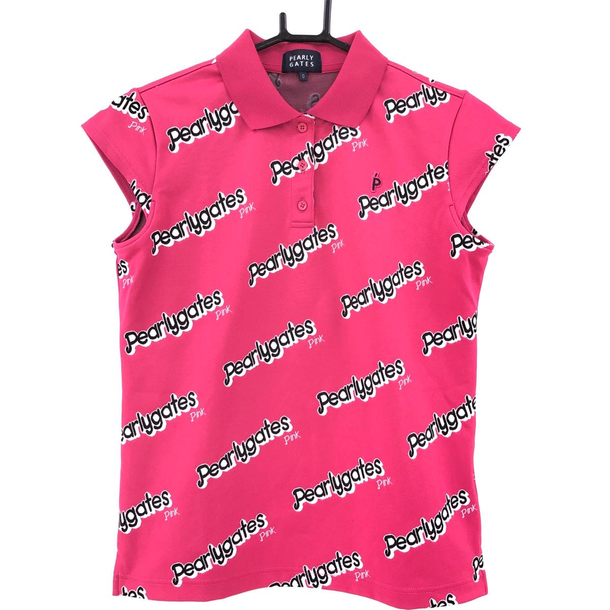 【超美品】パーリーゲイツ 半袖ポロシャツ ピンク×黒×白 ロゴ総柄 レディース 0(S) ゴルフウェア 2023年モデル PEARLY GATES