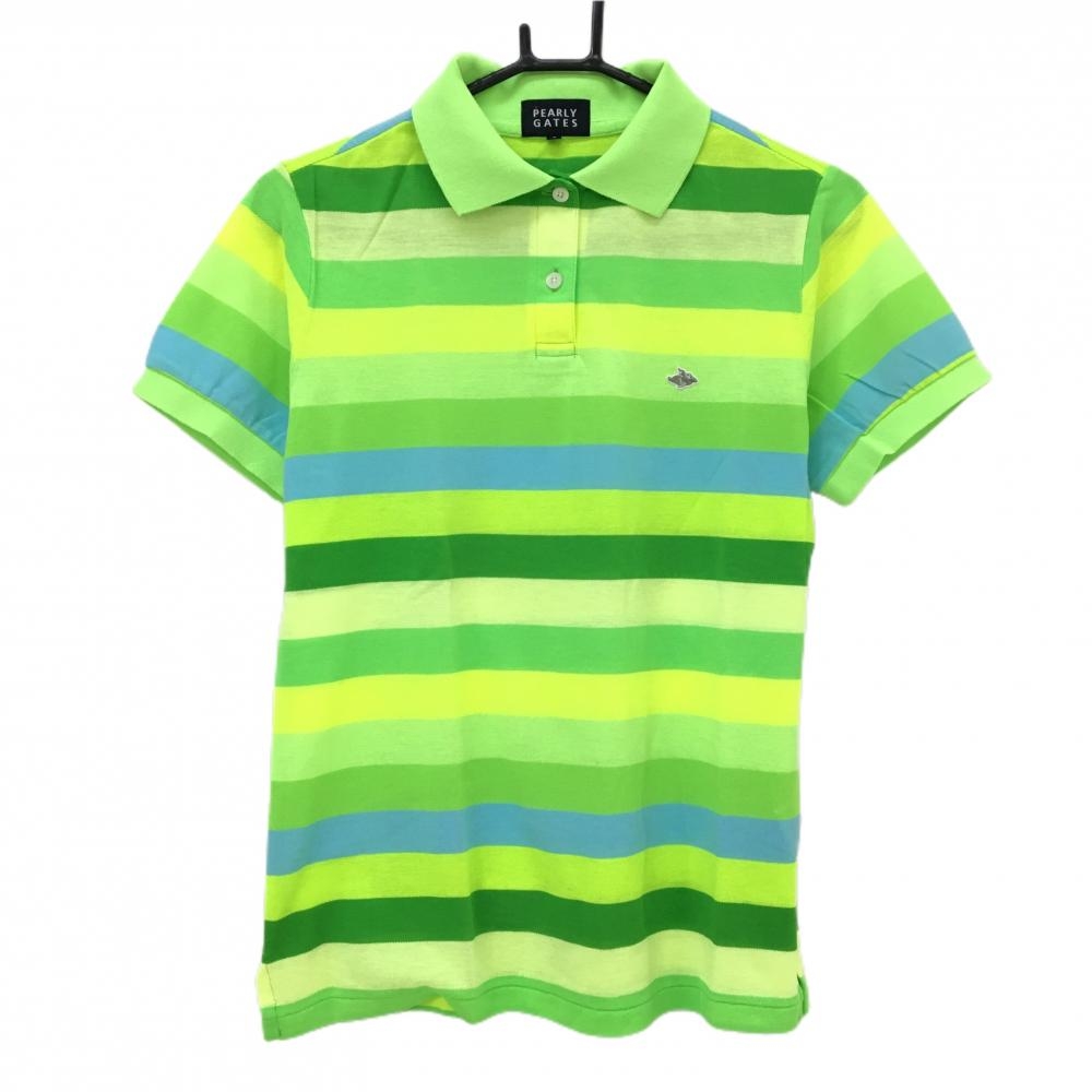 【超美品】パーリーゲイツ 半袖ポロシャツ ライトグリーン×イエロー×ブルー ボーダー  レディース 2(L) ゴルフウェア PEARLY GATES