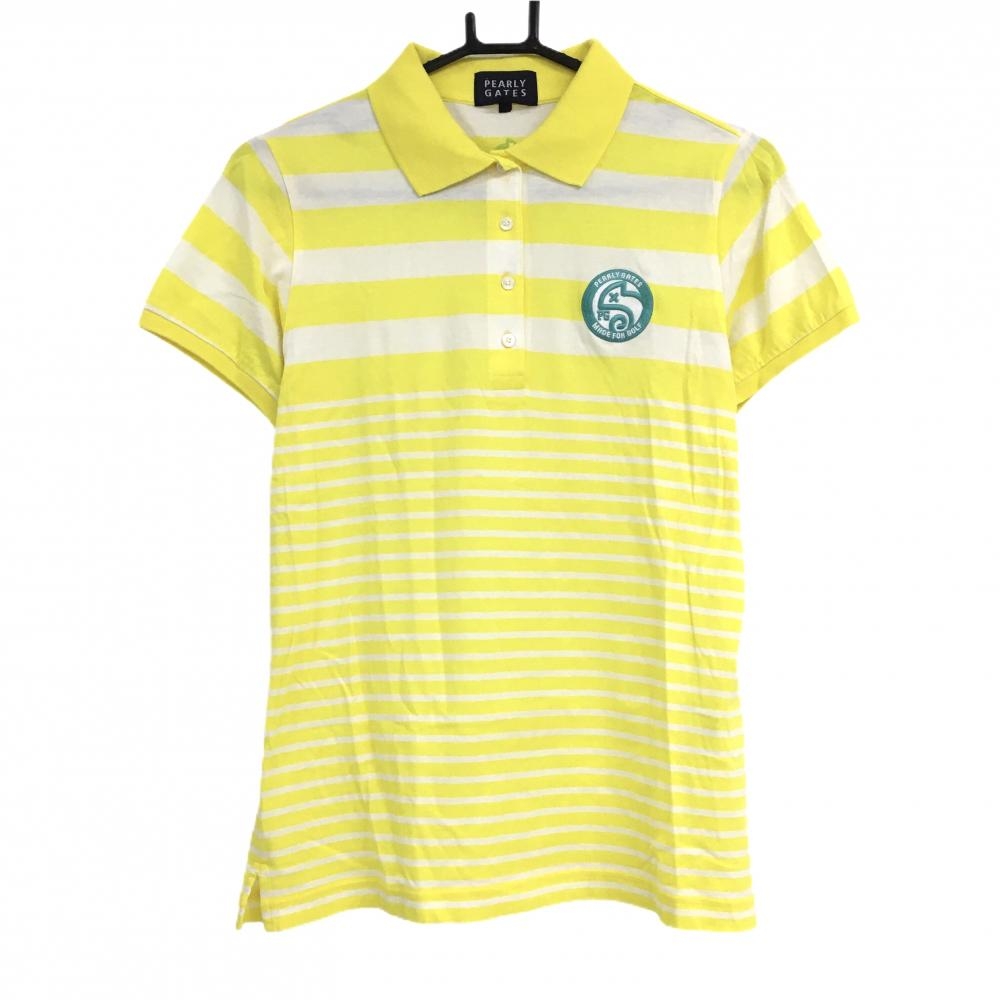 パーリーゲイツ 半袖ポロシャツ イエロー×白 ボーダー レディース 2(L) ゴルフウェア PEARLY GATES